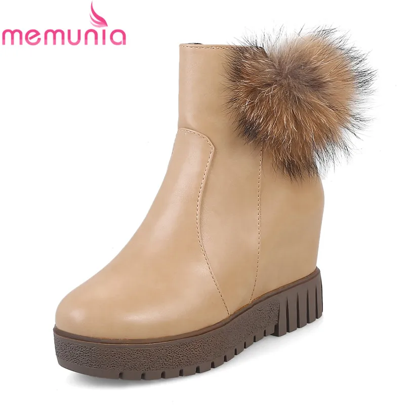 

MEMUNIA NEW arrival 2020 leather boots apricot black 4.5cm high heels boots round toe with faux fur women's winter ankle boots