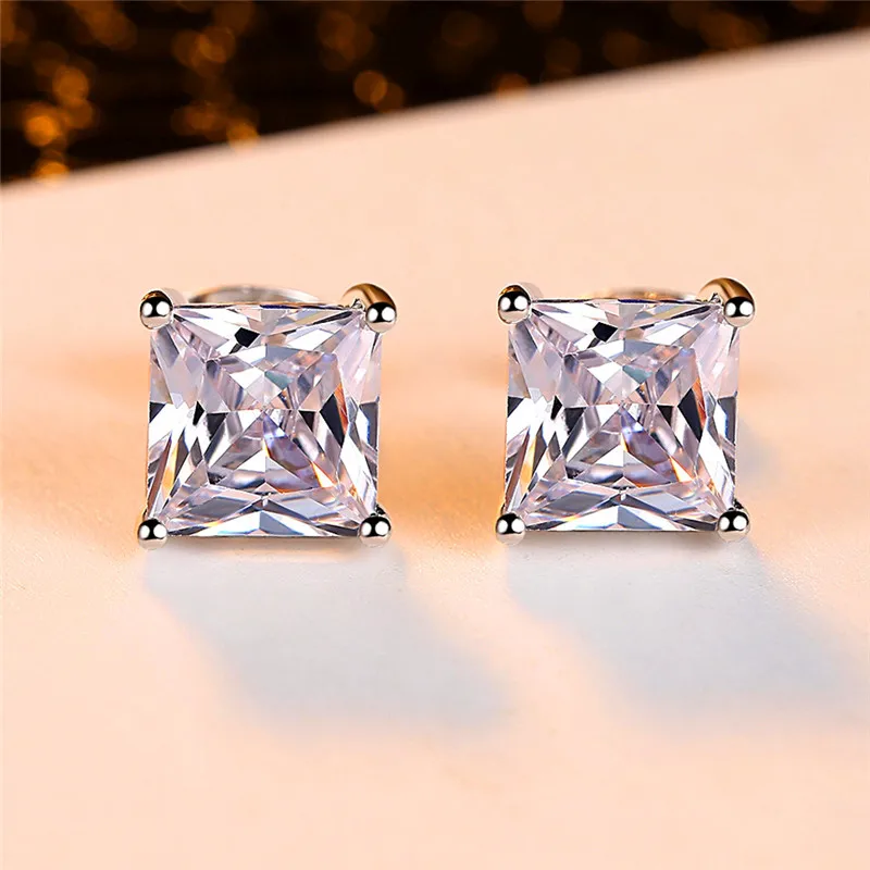 4/5/6/7MM Princess Cut Crystal Square Stud Earrings For Women Men Silver Rose Gold Color Black CZ White Blue Fire Opal Earrings