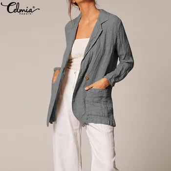 

Celmia Vintage Cotton Women Blazer 2020 Autumn Long Sleeve Suits Jackets Button Loose Kimono Cardigan Casual Coats Plus Size 5XL