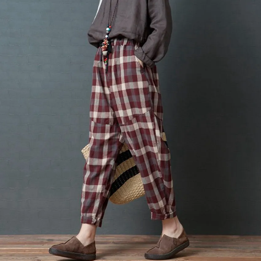 Mferlier осенние штаны-шаровары в винтажном стиле с эластичной талией, свободные клетчатые женские брюки, 2 цвета, большие женские широкие брюки