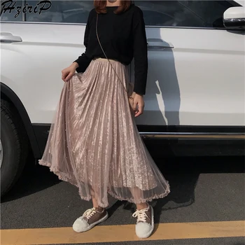 

Hzirip Women Summer Spring New A-Line Skirt 2019 Elastic Thin Wild High Waist Loose Solid Elegant Womens Casual Mesh Simple