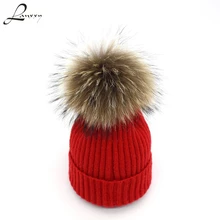 Lanxxy/новинка года; женские зимние шапки из натурального меха норки; шапка с помпоном для девочек; Хлопковые вязаные шапки-шапочки; шапки с меховым помпоном