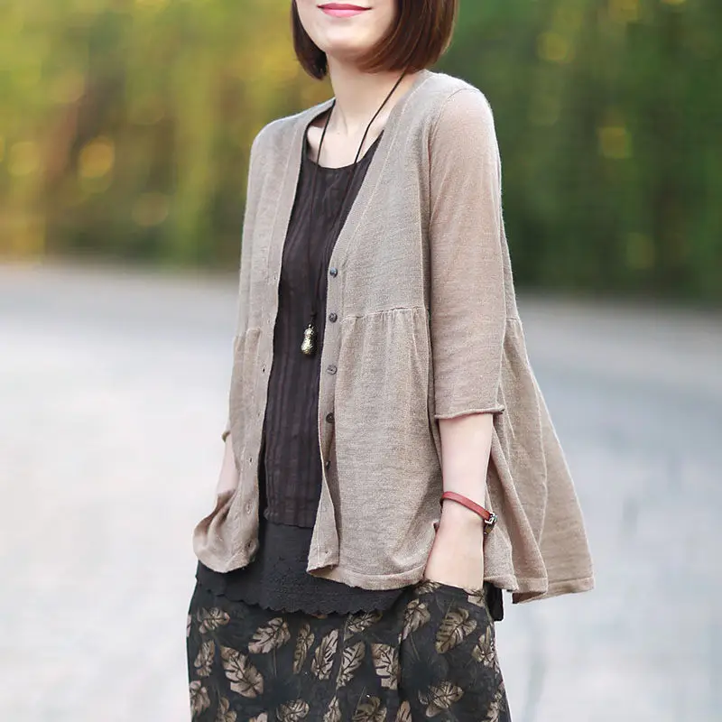

Retro Korean Cardigan Thin Coat V-neck Crop Sleeve Lotus Leaf Hem Loose Original Summer Casual Linen Jacket Woman Tops f1083