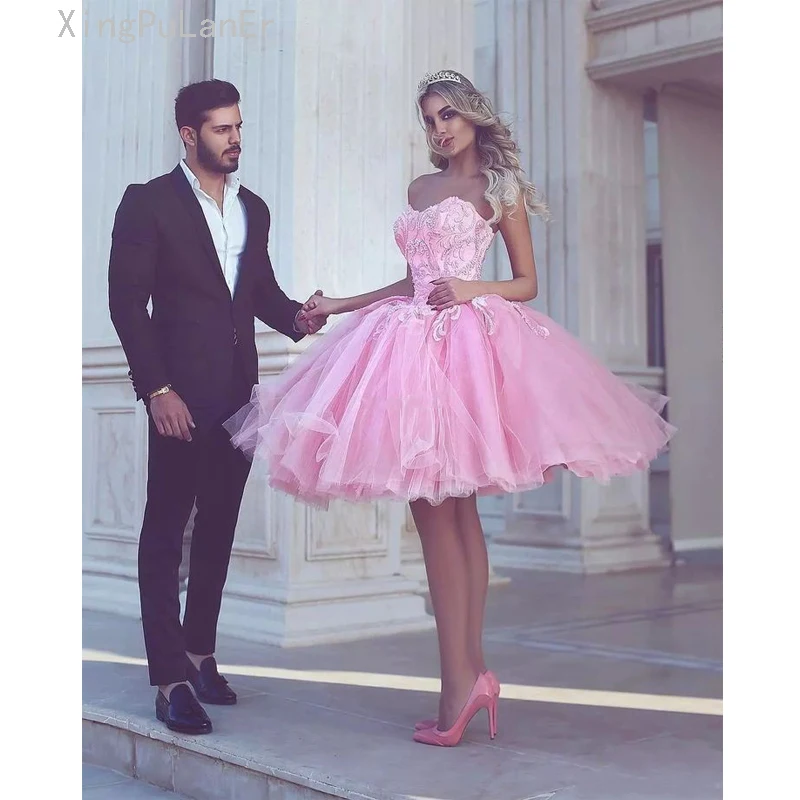 

Pink 2019 Prom Dress Ball Gown Sweetheart Knee Length Tulle Lace Beaded Elegant Short Homecoming Gowns Cocktail Dresses