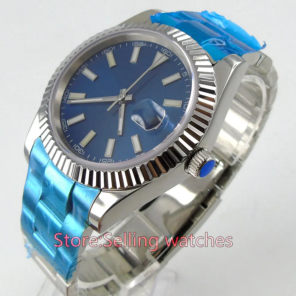 

40mm parnis blue dial sapphire glass date automatic mens watch
