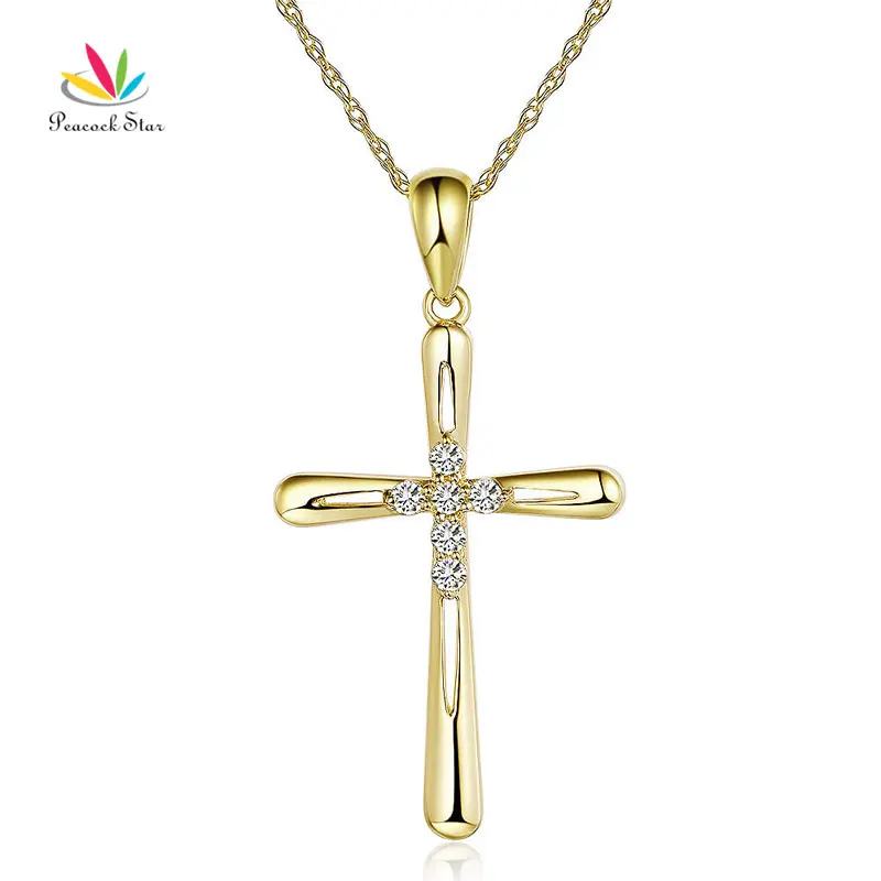 

Peacock Star 14K Yellow Gold Cross Pendant Necklace 0.13 Ct Diamonds