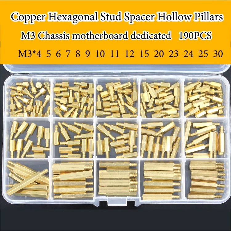 

190PCS M3 hexagon copper pillars Spacer Brass Standoff Spacer Copper Hexagonal Stud Spacer Hollow Pillars Copper Hexagonal