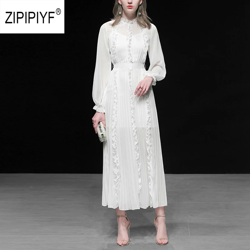 

Original 2019 New Spring Ruffled Collar Solid Ruched Fashion White lace up Dress Women with strap 2sets Fairy Vestido AB335