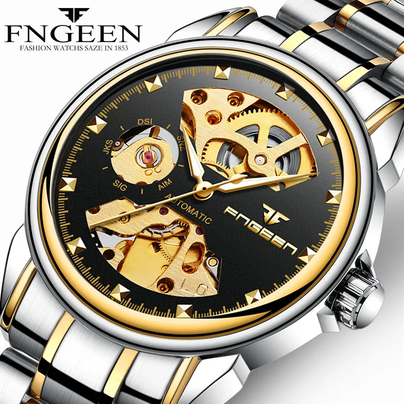 

men's watches Hollow fashion male clocks FNGEEN brand mens watches Automatic mechanical steel waterproof man wristwatch