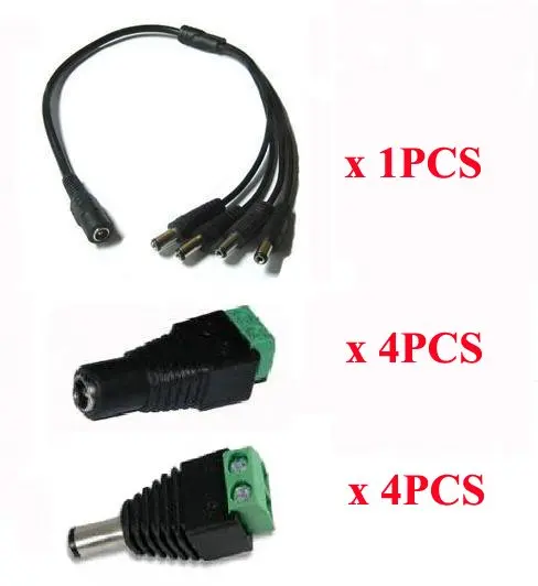 

Free shipping/1pc DC Power Splitter Cable 5.5 x 2.1mm Female 1 to 4 Male plus 4PAIRS 2.1x5.5mm DC male & Female Connector