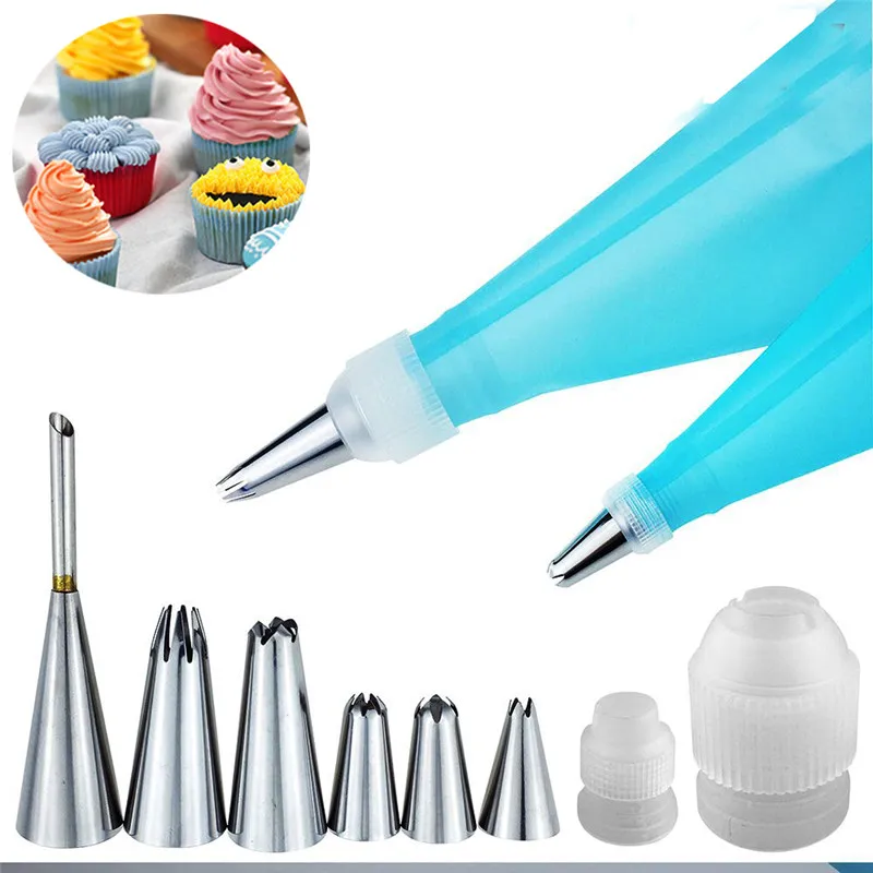 

10Pcs/Pack Reusable Eco Friendly Silicone Icing Piping Cream Pastry Bag + 6 Pastry Nozzles DIY Kitchen Cake Decorating Tips Set