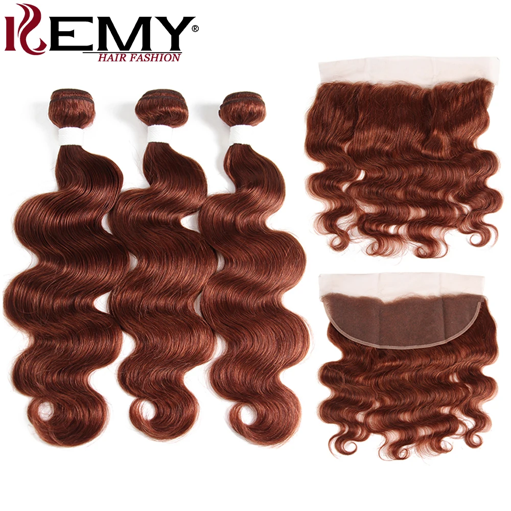 

Brown Auburn Brazilian Body Wave Human Hair Bundles With Frontal 4*13 KEMY HAIR 3PCS Non-Remy Human Hair Weave Bundles