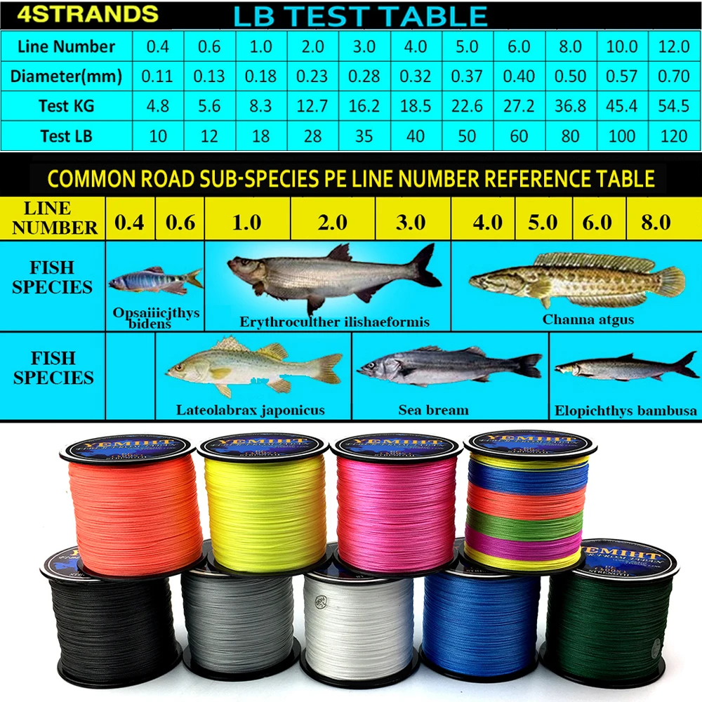 YEMIHT 500M 300M 100M Multicolour PE Braided Wire 4 Strands 10 -120lb Multifilament Japanese Fishing Line