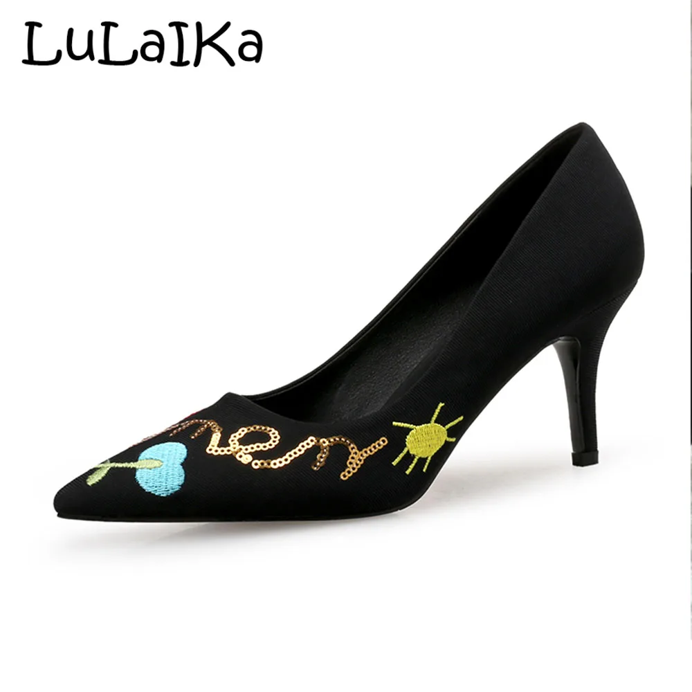 Zehe Stilettos Hochzeit High Schuhe Bling Schwarz Spitz Sticken Dame Party Sexy Pailletten Blume Frau Pumps Heels Neue Marke cjALqR3S54
