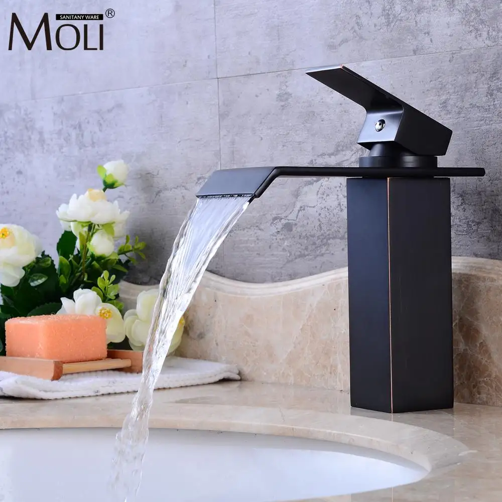 

Square Waterfall Basin Sink Faucet Water Tap Oil Rubble Bronze Faucets Hot and Cold Mixer Crane