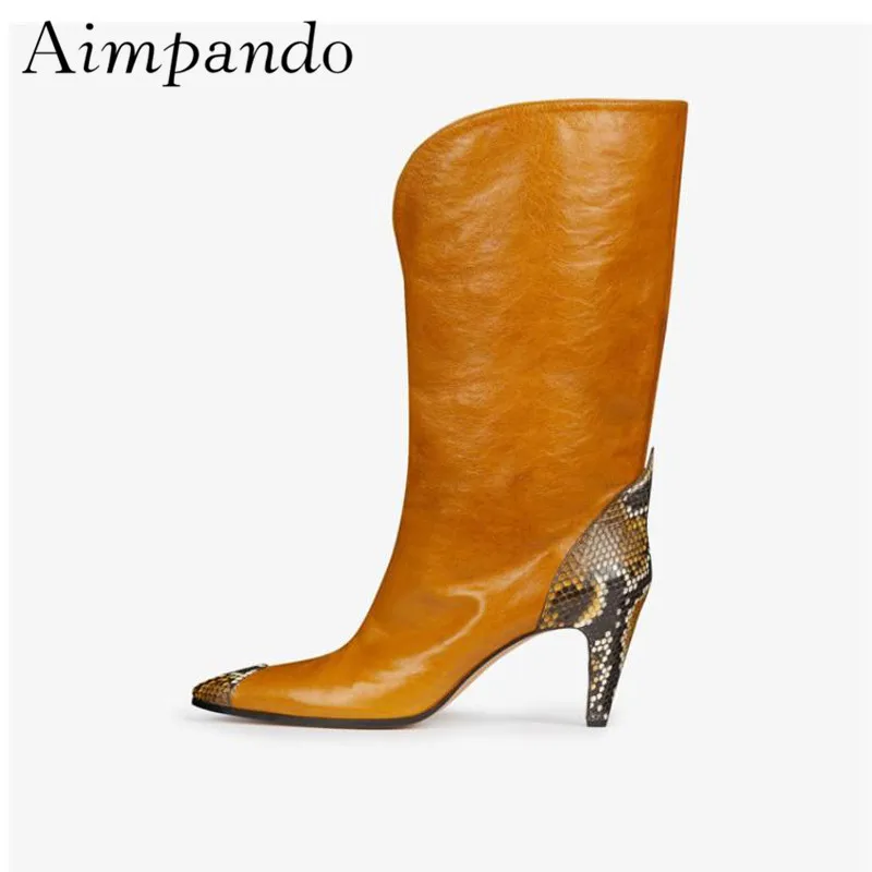 

Serpentine Patchwork Knee High Boots Spike Heel Pointed Toe Slip On Runway Boots Fashion Stage Women Booties Autumn Boots 2020