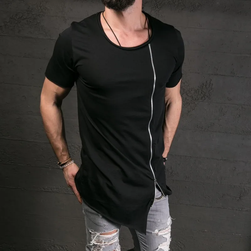 

2018 Europe and the United States men zip extended t-shirt front chest zipper high street short sleeve T-shirt