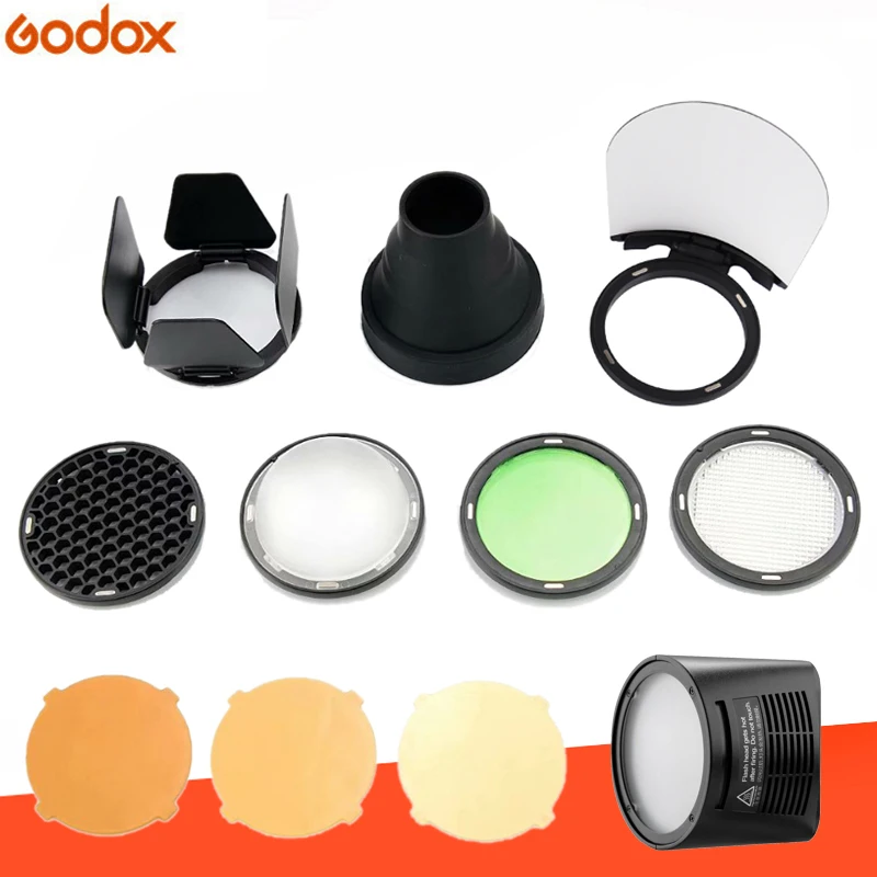 

Godox H200R Flash Head Extension Head+AK-R1 Barn Door, Snoot, Color Filter, Reflector, Honeycomb, Diffuser Ball Kits for AD200