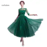 Ruthshen Smaragd Grün Prom Kleider 2017 Günstige Halbarm Spitze Appliques Perlen Tee Länge Formale Cocktail Party Kleid