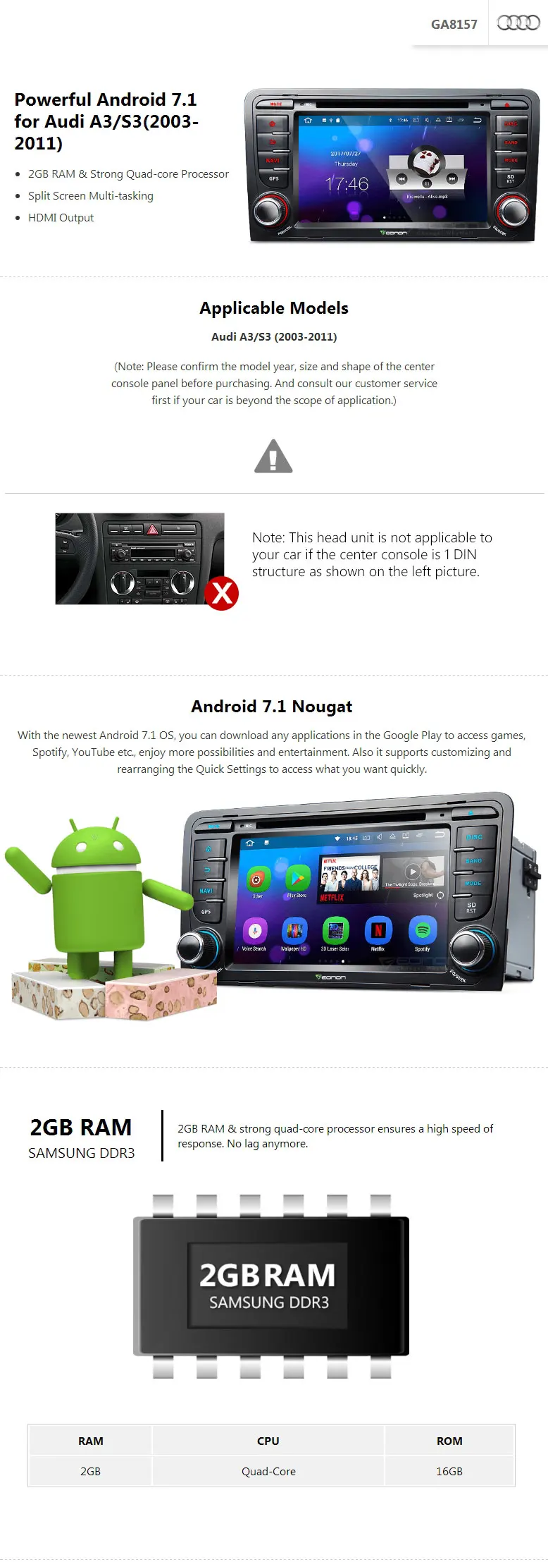 Top 7" Quad Core Android 7.1 OS Car DVD for Audi A3 2003-2012 & Audi S3 2003-2012 with 2GB RAM & Split Screen Multi-tasking Support 0 Top 7" Quad Core Android 7.1 OS Car DVD for Audi A3 2003-2012 & Audi S3 2003-2012 with 2GB RAM & Split Screen Multi-tasking Support 0