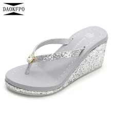 DAOKFPO/Новинка года; Летние Роскошные туфли на танкетке; женская обувь на высоком каблуке и платформе; стразы; повседневные Вьетнамки; пляжные шлепанцы; женские NVT-64