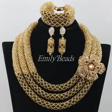 Золото Для женщин африканских бижутерия в нигерийском стиле Свадебные африканские Бусины комплект ювелирных изделий коричневый кристалл Цепочки и ожерелья aij566