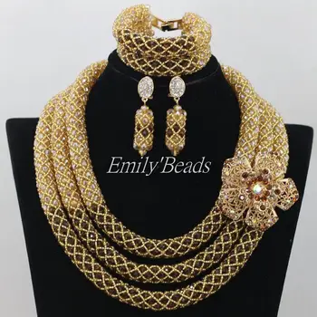 

Gold Women African Costume Jewelry Set Nigerian Wedding African Beads Jewelry Set Brown Crystal Necklace Free Shipping AIJ566