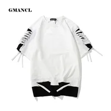 Летняя футболка, мужские свободные топы с дырками на плечах, модные топы в стиле хип-хоп, черная, белая, прошитая уличная футболка с коротким рукавом