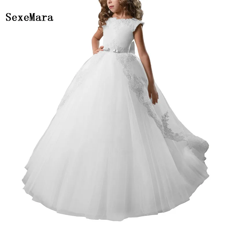 

New Customize Flower Girls Dresses For Weddings Lace Appliques Ball Gown Birthday Dress Girl Communion Pageant Gown White Ivory