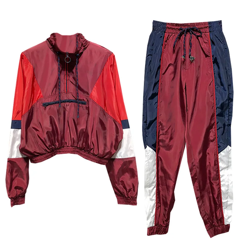 

Women's two-piece fashion long-sleeved color matching casual jogging female hooded sweater + loose harem pants suit