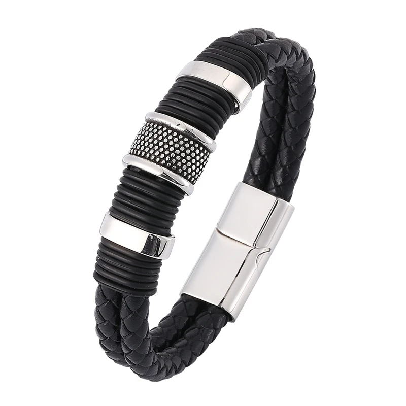 

Black Punk Style Design Genuine Double layer Leather Bracelet for Men Steel Magnetic Button Birthday Gift Male Bracelets BB0371