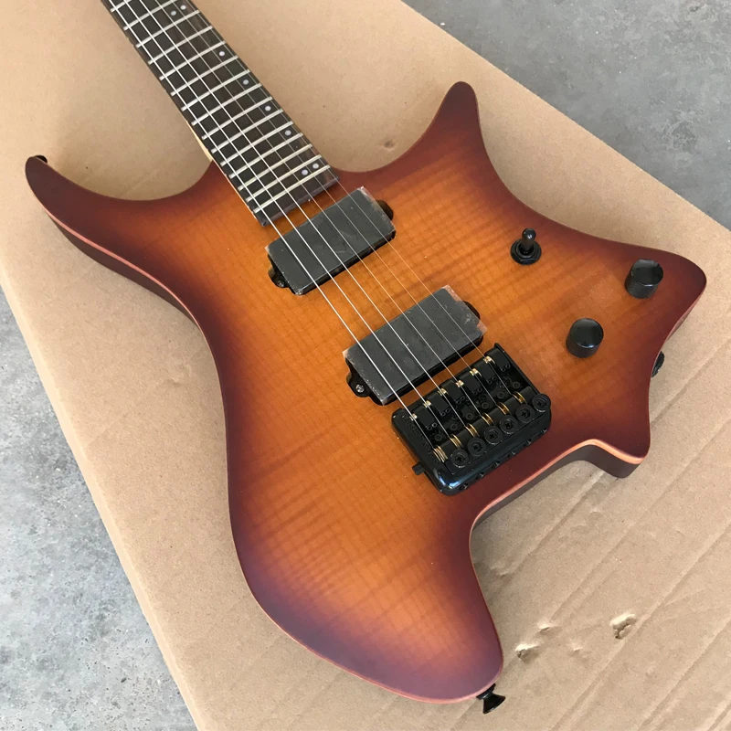

Grote Vintage Sunburst Headless Electric Guitar, Solid Mahogany with Flame Maple Top, 24 Frets Guitarra