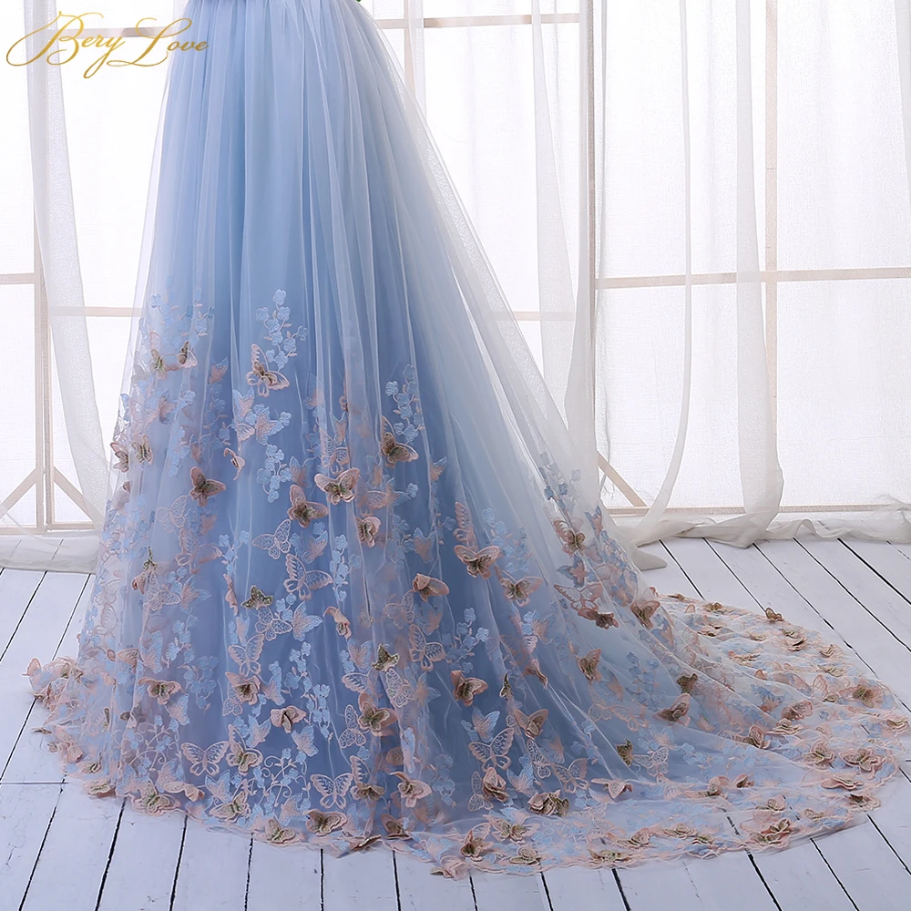 Романтическое Платье с открытыми плечами синие вечерние платья длинное вечернее платье с кружевной аппликацией платья Для женщин торжественное платье с бабочками; robe de soiree