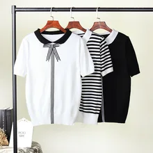 

HLBCBG 2019 New Women Knitted Summer Stripe T Shirt Bowtie Preppy Style Student Cute Top Tee Shirt Short Sleeve Tshirt Female