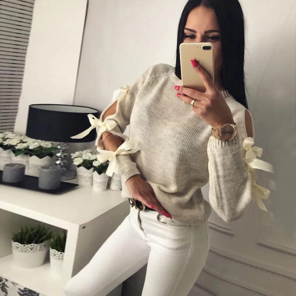 

Feitong 2019 Fashion Knitting Hollow Bow Out Tie Loose Sweaters O-Neck Tops Knitwear Women Bow Longsleeve Warm Sweater Pullover