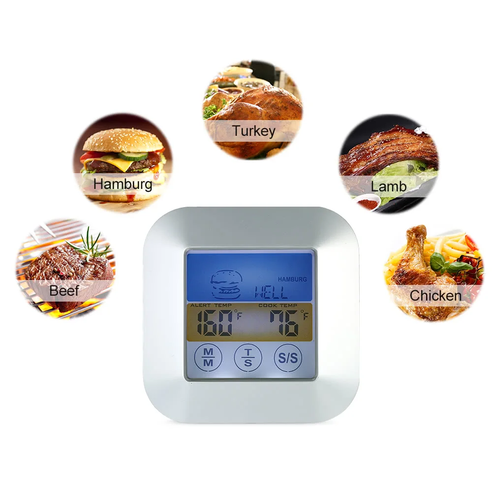 Digital Touchscreen BBQ Thermometer with Probe Color LCD Display Meat Cooking Timer Type Taste Selection | Дом и сад