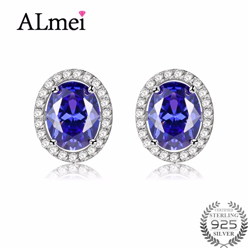 Almei New Arrival 925 Sterling Silver Round Earrings Stud Luxury Blue Topaz Earring Boucle D'oreille Femme Free Box 40% FR007 |