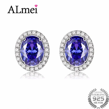 

Almei New Arrival 925 Sterling Silver Round Earrings Stud Luxury Blue Topaz Earring Boucle D'oreille Femme Free Box 40% FR007