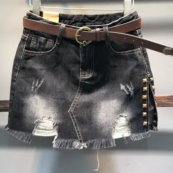 

2020 autumn winter new rivet irregular tassel denim skirt women side split high waist hole jeans mini skirt plus size