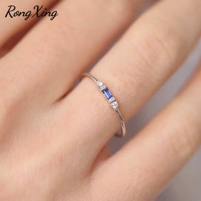 

RongXing Small Rectangle Blue/Green/Rose Red Crystal Zircon Rings for Women Minimalist Jewelry Retro Gold/Silver/Rose Gold Ring