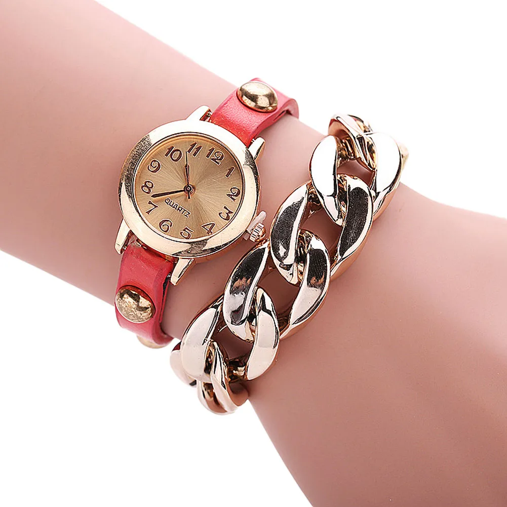Корейский стиль, ретро браслет, часы, крутые, женские, Золотой циферблат, искусственная кожа, цепочка, аналоговые, кварцевые часы LL