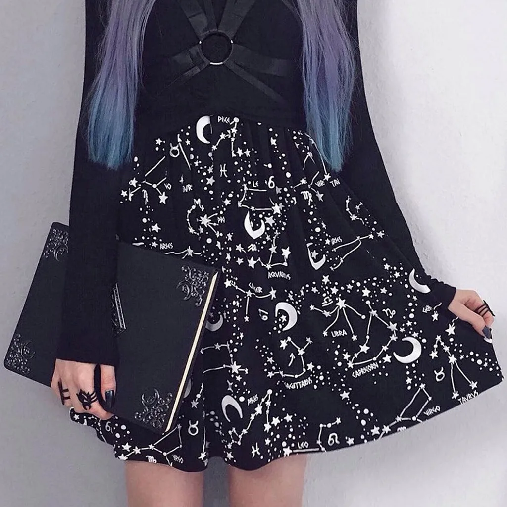 Sexy Long skirt Fashion Women Summer Women Party Gothic Punk Black Starry Sky Moon Print A-Line Short Mini Skirt Y612