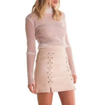 

2016 Autumn winter new high waist PU faux leather Women Skirt black Nude Straps real photo Faldas New
