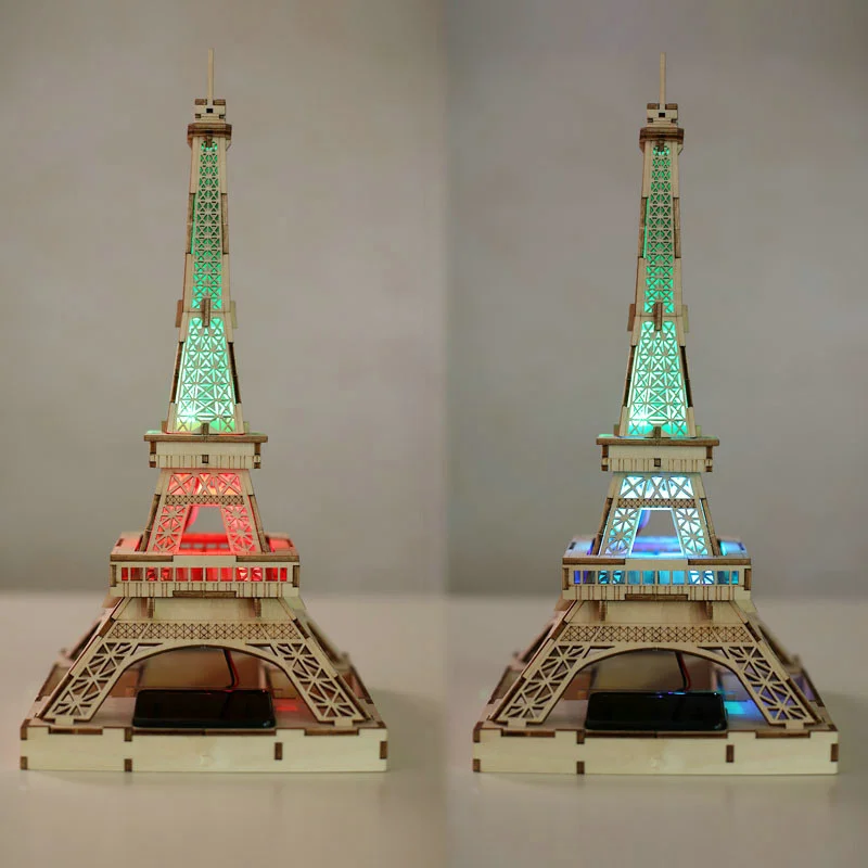 

New Arrival Creative 3D Puzzle Solar Environmental Protection Model Eiffel Tower LED Color Changing Light Lifelike Home Decor