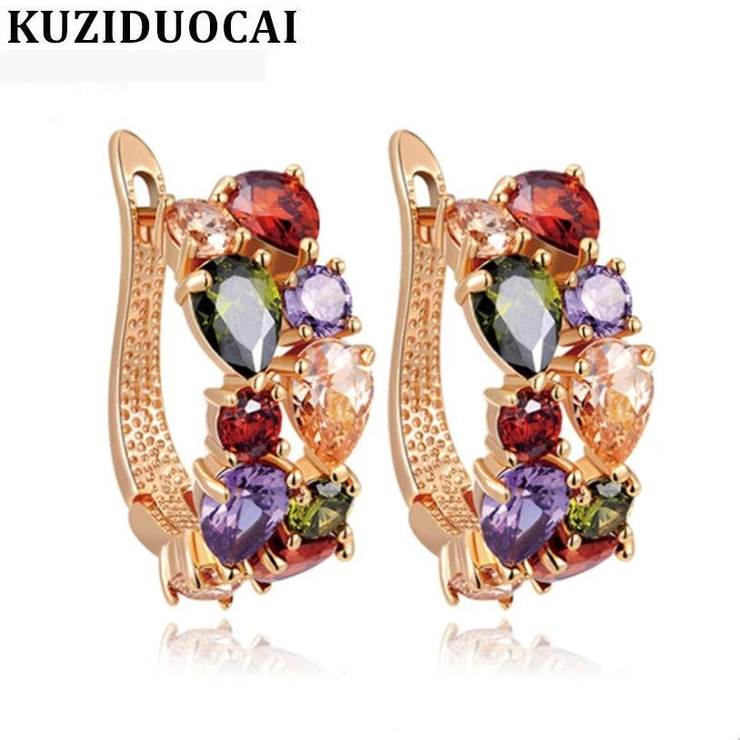

Kuziduocai New Fashion Jewelry Copper Zircon Colorful Rose Gold Color U-type Buckle Earring Women Gift Brincos Pendientes E-60