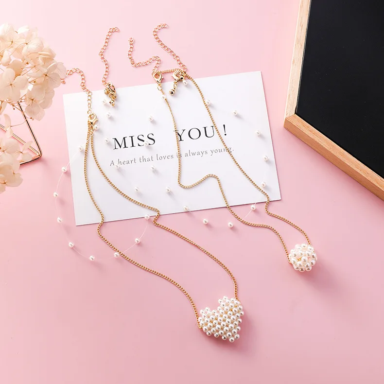 

Female Korean Double Layer Heart Love Pearl Necklace Girl Temperament Fish Line Collar Short Neck Chain for Women