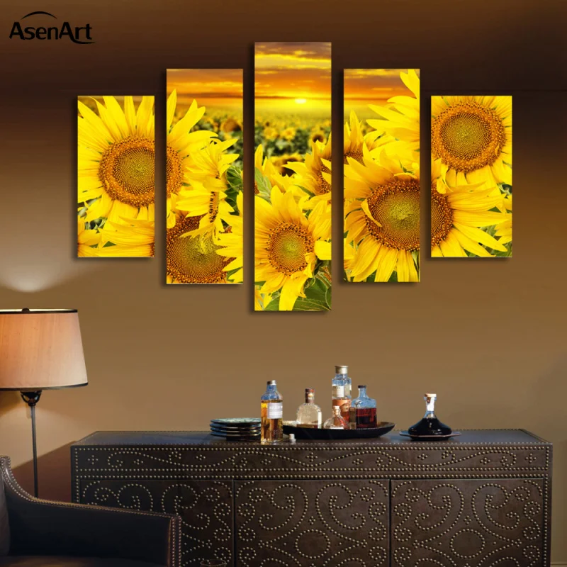 

5 Panel Blooming Sunflowers Painting Floral Picture for Living Room Home Decoration Wall Art Canvas Print Unframed