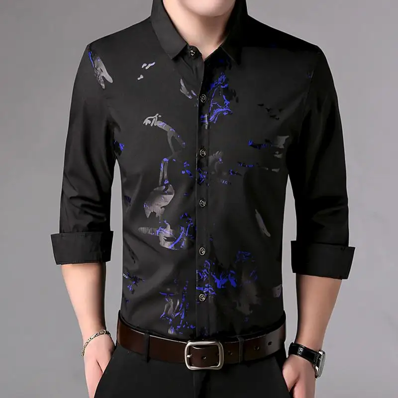 

Plus Size L-4XL Business Casual Shirt Male Long sleeve Printed Mens Shirts Blouse Mens Clothing Slim fit New Arrival