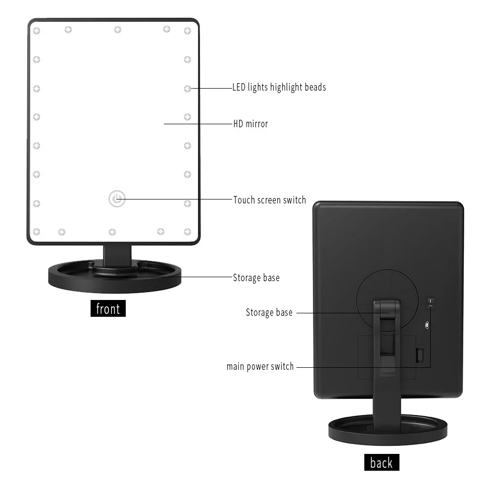 1х и 10х увеличительное 22 светодиода сенсорный экран зеркало для макияжа настольная столешница яркая Регулируемая на 180 градусов USB кабель или батареи