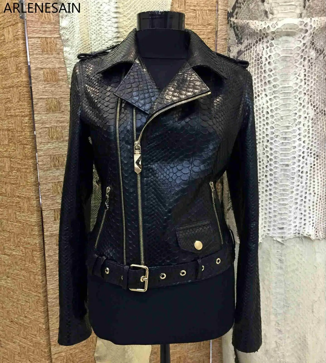 

Arlenesain custom 2019 new fashion Women's Python Leather Snake Skin Black Luxury Motorcycle Biker Jacket